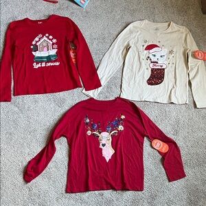 3 Christmas / Holiday Kids Long Sleeve Shirts - Red and Cream